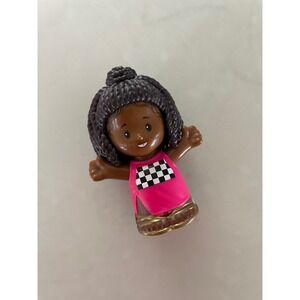 Fisher Price Little People Girl Black Braided Hair Pink Checkered Top Gold Shoes